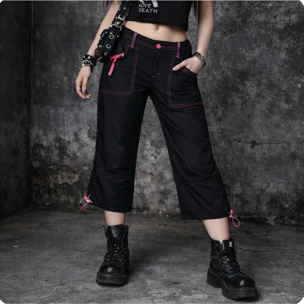 VTG Kikgirl Hot Topic Blk Pants Pink Stitch Utility Cargo Crpd Emo Gorpcore Sz 7